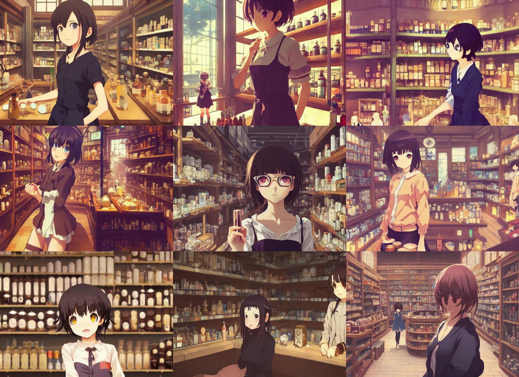 Prompt: anime frames, portrait of a young female traveler in a alchemist's potion shop interior shopping, cute face by ilya kuvshinov, makoto shinkai, dynamic perspective pose, rounded eyes, detailed face, lomography, hdr, sharp focus, yoh yoshinari