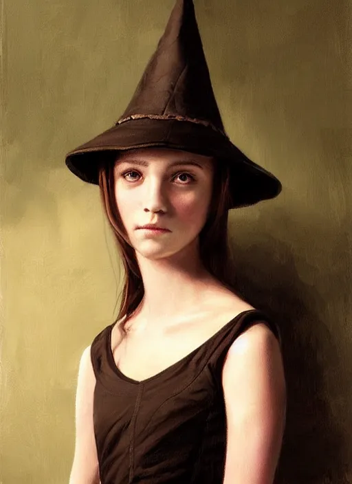 Image similar to a portrait of a thirteen year old girl with brown hair and a stern expression. she is wearing a green dress and a black pointed witch hat. beautiful painting with highly detailed face by greg rutkowski and raymond swanland