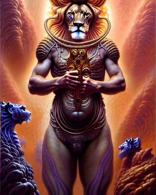 Image similar to a lion tarot card, fantasy character portrait made of fractals, ultra realistic, wide angle, intricate details, the fifth element artifacts, highly detailed by peter mohrbacher, hajime sorayama, wayne barlowe, boris vallejo, aaron horkey, gaston bussiere, craig mullins