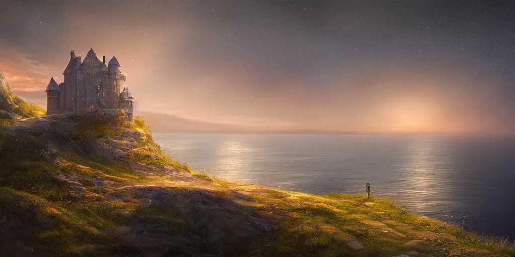 Prompt: Castle on the edge of a cliff overlooking the ocean at midnight by Jessica Rossier