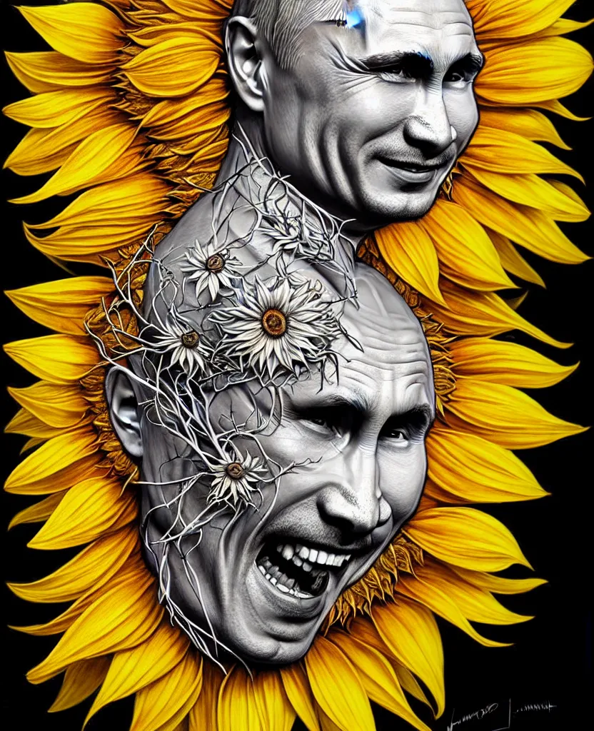 Image similar to digital art, centered full body of Putin smiling king, Sunflower crown, ,intricate, veins, by James Jean and by artgerm , by ross tran ultradetailed, charachter design, concept art, trending on artstation,