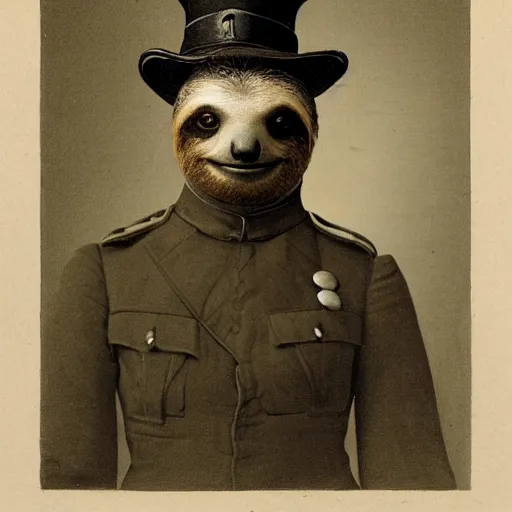 Prompt: a portrait of a sloth, wearing a military uniform, with a monocle and top hat, posing, victorian, hq