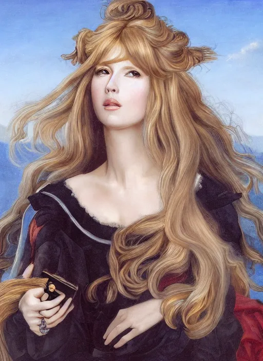 Image similar to portrait of Claudia Schiffer with long hair in baroque art, anime inspired, High Res 8K, hyperdetailed