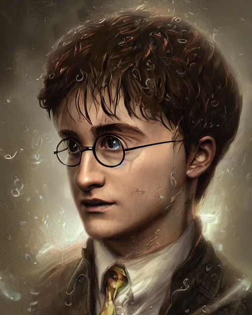 Image similar to a highly detailed portrait of Harry Potter, wispy tendrils of smoke, head and shoulders portrait, intricate detail, digital painting, old english, raining, sepia, particles floating, whimsical background by marc simonetti, artwork by ross tran + ramond swanland + liam wong