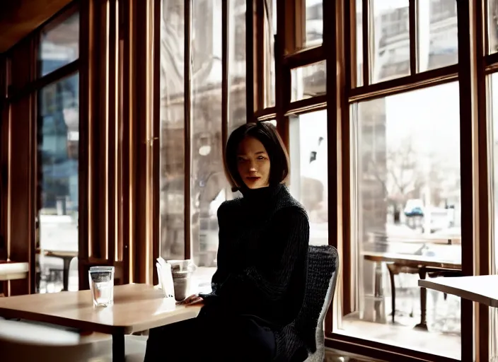 Prompt: beautiful!!! young adult woman in a cozy coffee shop wearing an avant garde outfit designed by zaha hadid, natural lighting, 5 0 mm