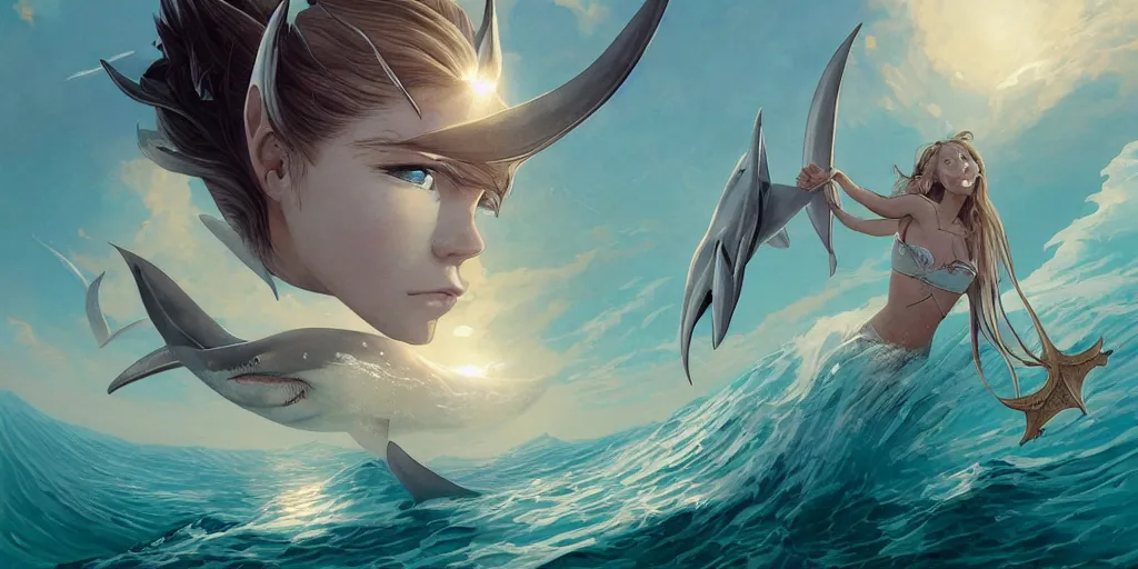 Prompt: close up of a extremely beautiful and aesthetic shark tooth and shark fin girl holding a symmetrical trident on the horizon, perfect face, symmetrical eyes, model pose, slightly smiling, sun set, big wave, big blade whale fighting against thorn sharks flying on the background, epic scene, fantasy illustrations, by peter mohrbacher and makoto shinkai and ferdinand knab