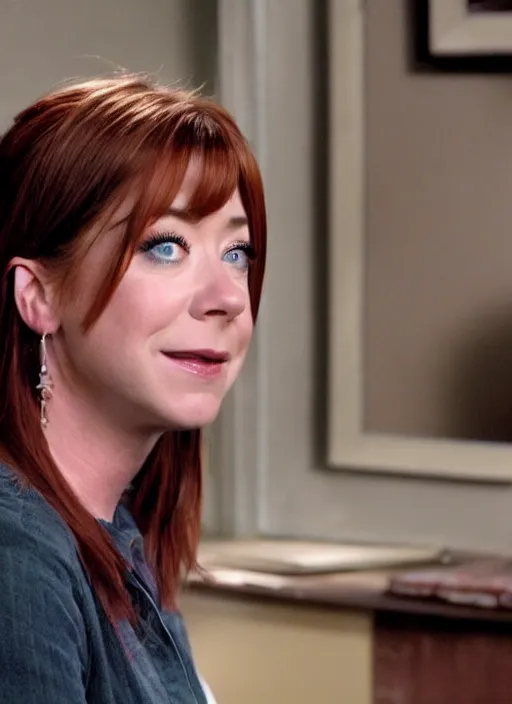 Prompt: Alyson Hannigan with Accurate correct facial features in an episode of How I Met Your Mother, movie Still, cinematic, high-detail, 4k,