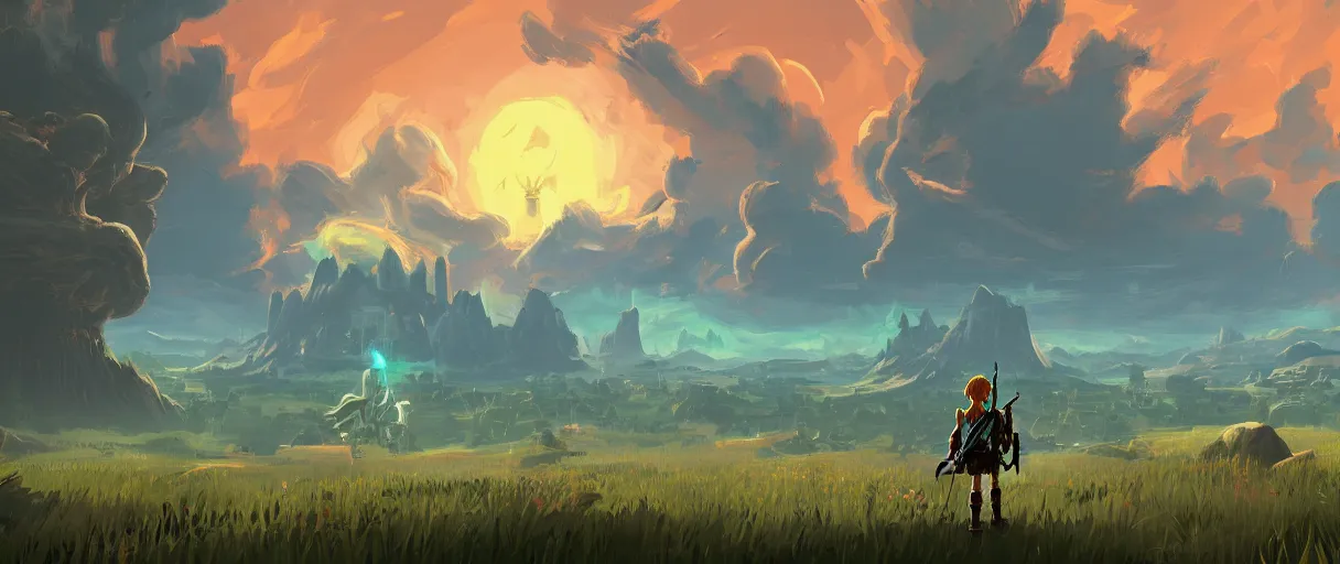 Image similar to digital painting concept art of a landscape with a huge skeleton in it, highly detailed, in the style of Zelda breath of the wild, volumetric lighting, Matte painting, trending on artstation, day time, godrays