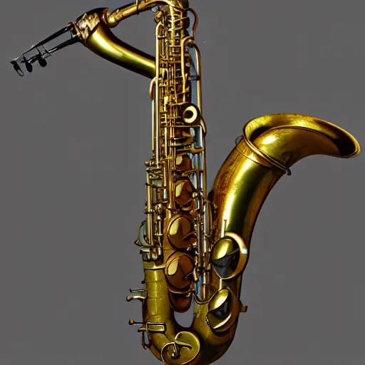 Image similar to hyperrealistic mixed media image of a saxophone cephalopod, stunning 3 d render inspired art by greg rutkowski and xiang duan and thomas eakes, perfect symmetry, realistic, highly detailed attributes and atmosphere, dim volumetric cinematic lighting, 8 k octane extremely hyper - detailed render, post - processing, masterpiece,