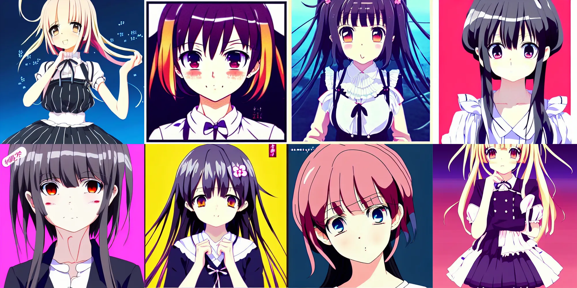 Prompt: anime poster shikishi album cover still portrait dotpict, cute waifu character with cosplaying as maid dress, cute face by ilya kuvshinov yoshinari yoh makoto shinkai katsura masakazu kyoani, dynamic perspective pose super detailed facial features eyebrowless symmetry, gapmoe yandere grimdark, crisp and sharp cel shade ambient light