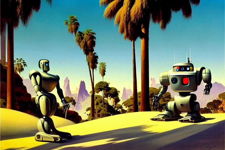 Image similar to natural american landscape | robot greeting another robot | palm trees | snowy mountains, painting by syd mead and weta studio and james jean, frank frazetta, highly detailed, rule of third, soft lighting, 8 k resolution, oil on canvas, architectural magazine, beautiful detailed, insanely intricate details, artstation trending, hypermaximalistic, high details, cinematic