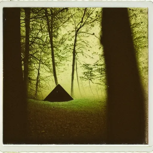 Image similar to eerie polaroid of a peaking out from behind a tree in a forest at dusk