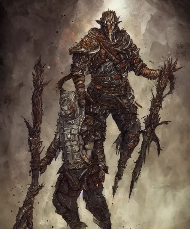 Image similar to a oil / watercolor painting full body character portrait of a chaos archaeologist in the style of dark souls in the style of darkest dungeon trending on artstation deviantart pinterest detailed realistic hd 8 k high resolution