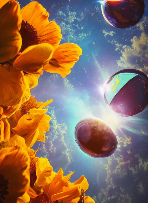 Image similar to An epic fantastic realism comic book style painting of the most beautiful flowers launched into space, bouquets, solar eclipse, fisheye, unreal 5, DAZ, hyperrealistic, octane render, dynamic lighting