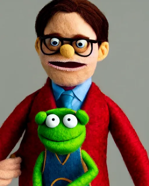 Image similar to dwight schrute as a muppet. highly detailed felt. hyper real photo. 4 k.