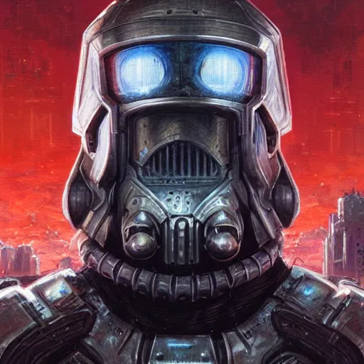 Prompt: the doomslayer with broken armor as a realistic scifi cyberpunk knight, closeup portrait art by donato giancola and greg rutkowski, vintage retro scifi, realistic face, digital art, trending on artstation, symmetry!!