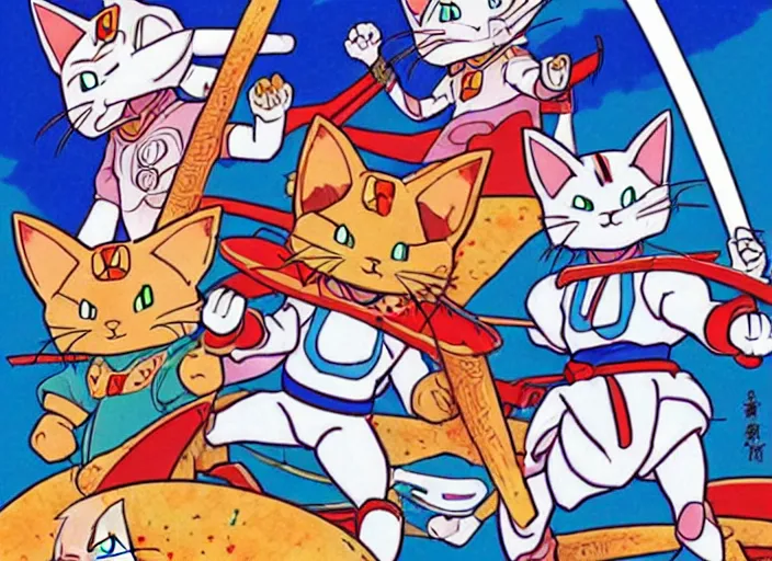 Prompt: samurai pizza cats, illustration masterpiece, by ryan ottley and mœbius and hayao miyazaki and akira toriyama