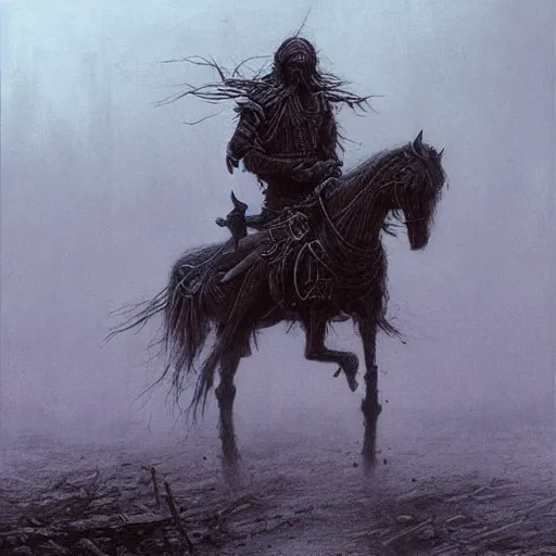 Image similar to cool apocalyptic traveler on a horse through a ruined new york city beksinski art style, highly detailed