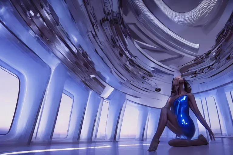 Prompt: vfx movie scene closeup portrait of beautiful blue skin fit skimpy alien woman dancing in sleek futuristic decadent spaceship pillars, futuristic ballroom. giant windows view of earth obit. by emmanuel lubezki