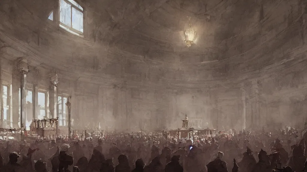 Prompt: interior of roman senate in session, watercolored, jakub rozalski, dark colours, dieselpunk, artstation