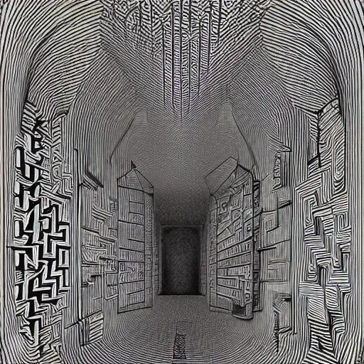 Image similar to a beautiful 4 dimensional maze decorated hallway by m c escher, highly detailed, artstation