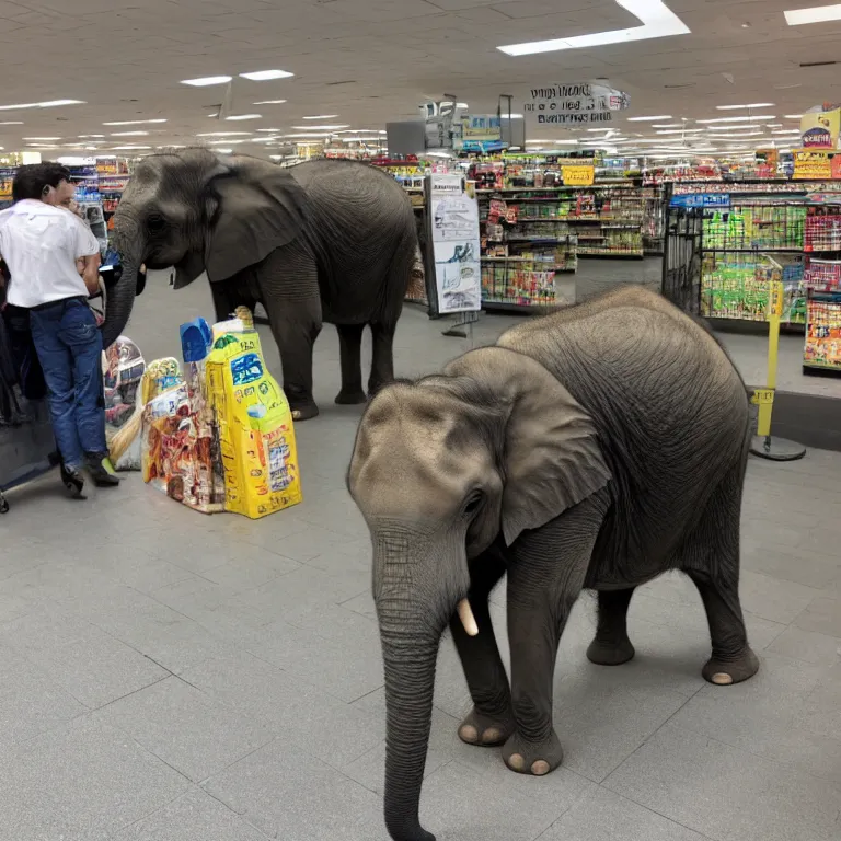 Prompt: An elephant waiting in line at the supermarket