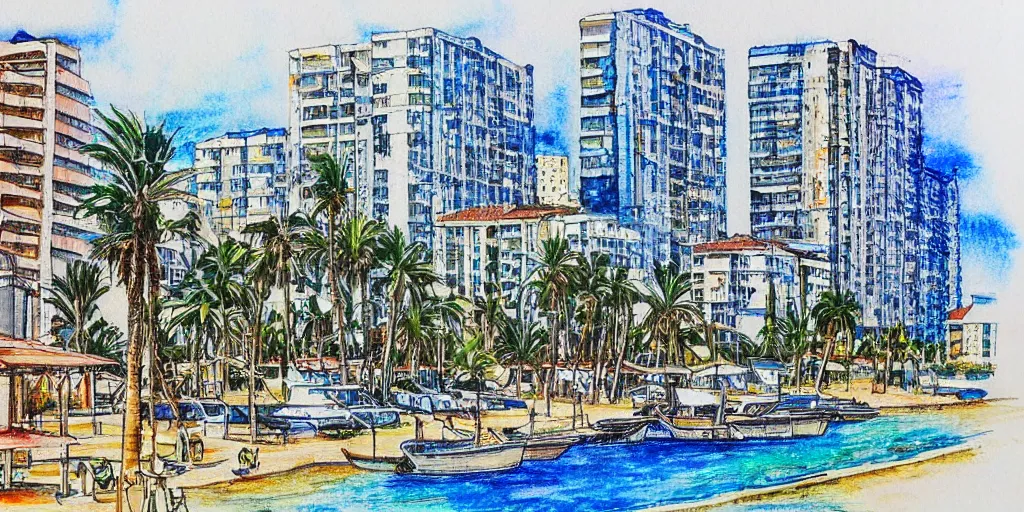 Prompt: tel aviv shoreline. bauhaus style. buildings with balconies. highly detailed. pen drawing painted with watercolors. colorful. low buildings. palm trees. blue skies