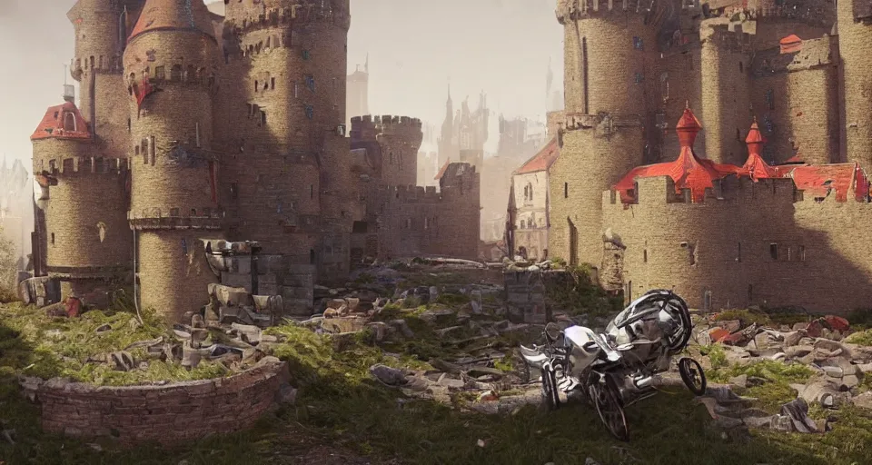 Image similar to ONE!!! GIANT HUGE CAMPBELL SOUP CAN CRASHED!!! INTO a Medieval city!!!!, Soup can crashed into a castle!!!! rendered by Beeple, environment concept, digital art, unreal engine, 3 point perspective, trending on artstation, low level, 4K UHD image, octane render,