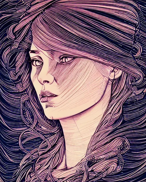 Prompt: etched beauty fabric portrait, art nouveau, artgerm, caravaggio, dan mumford, alena aenami