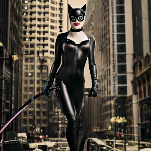 Image similar to Emma Stone as Catwoman, promo material, XF IQ4, 150MP, 50mm, F1.4, ISO 200, 1/160s, natural light, Adobe Lightroom, photolab, Affinity Photo, PhotoDirector 365