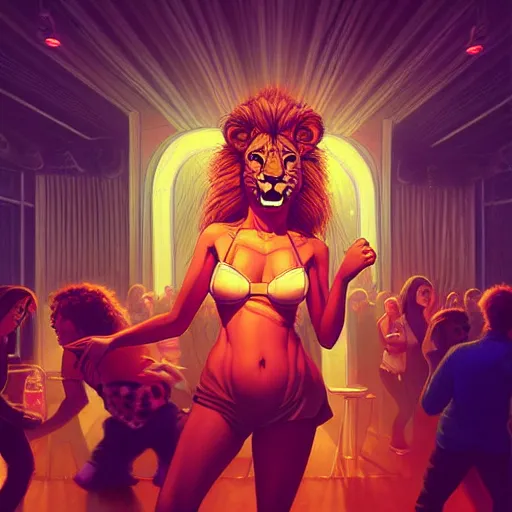 Image similar to a lion inside a night club, people dancing, hyperdetailed, in the style of artgerm, deviantart, figurative art, deviantart, ilya kuvshinov, lovecraftian