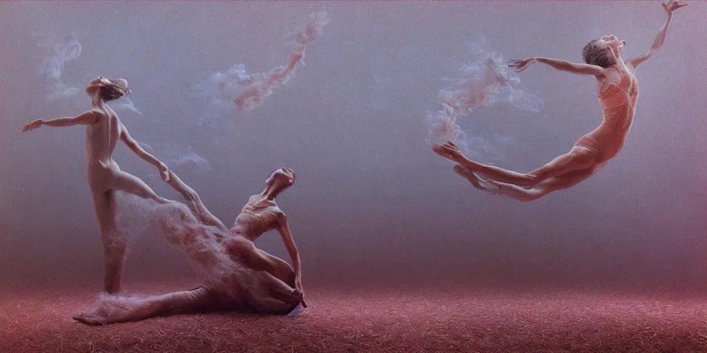 Prompt: Realistic render of an intricate and detailed dance duet made of smoke by Zdzisław Beksiński, floating in space,dream,reflections, dusty and smokey, 8k, ethereal, hyperrealism