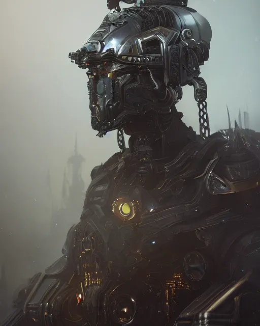 Prompt: a dark sci fi matte painting portrait of a shadow mech priest wearing a massive ornate headdress made of realistic metal and sci fi armor, art deco, cinematic lighting, smooth, dark sci fi, unreal engine, octane render, by vitaly bulgarov, golden rule, subject in center of frame, fog volumes, cgsociety