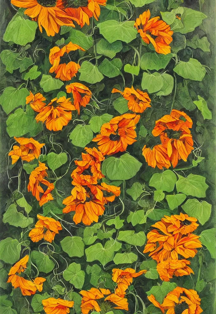 Prompt: contest winner, fine artwork about sunflower and falling nasturtiums with vines