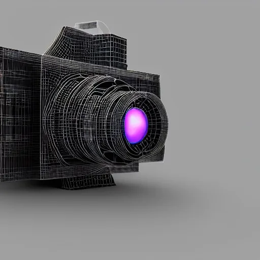 Image similar to a futuristic cyberpunk neon mechanical camera, 3d render, realistic