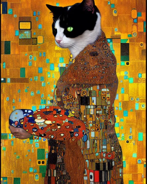 Image similar to doctor cat portrait an oil painting splashes with many colors and shapes by gustav klimt greg rutkowski and alphonse mucha, polycount, generative art, psychedelic, fractalism, glitch art