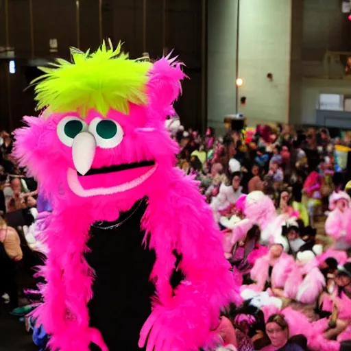 Prompt: hot pink feather boa muppet at furry convention, with furries in the background