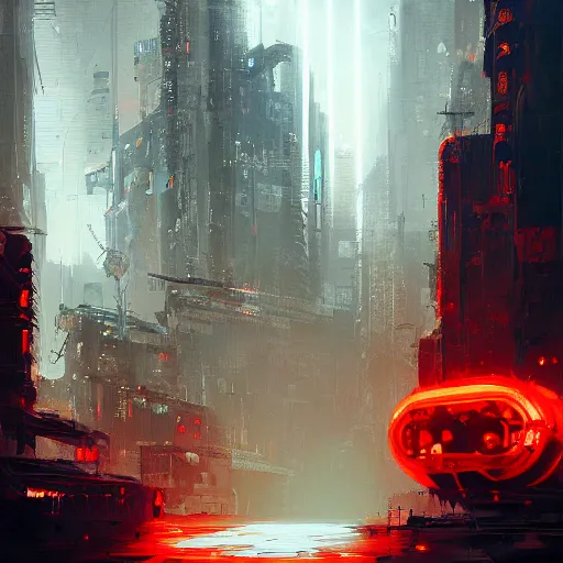 Prompt: cyberpunk orange fluffy cat, red symbol, futuristic, brush strokes, oil painting, city background, greg rutkowski