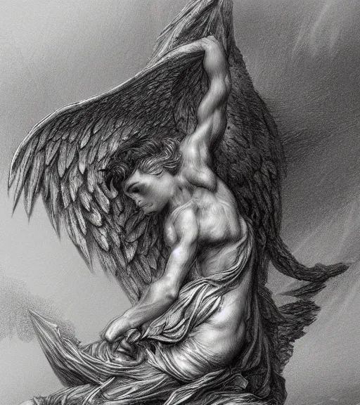 Image similar to fallen angel pencil illustration by gustave dore, highly detailed, centered, digital painting, artstation, concept art, smooth, sharp focus, illustration