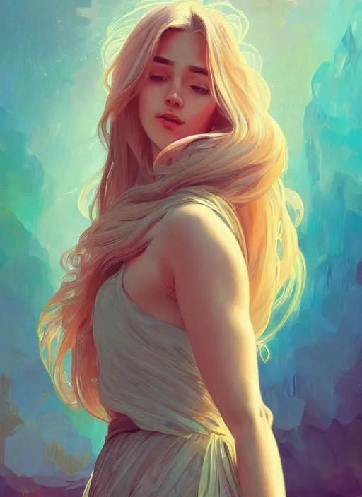 Image similar to handsome young women with shoulder length blonde hair, half body shot, path traced, highly detailed, high quality, digital painting, alena aenami, lilia alvarado, shinji aramaki, karol bak, alphonse mucha, tom bagshaw