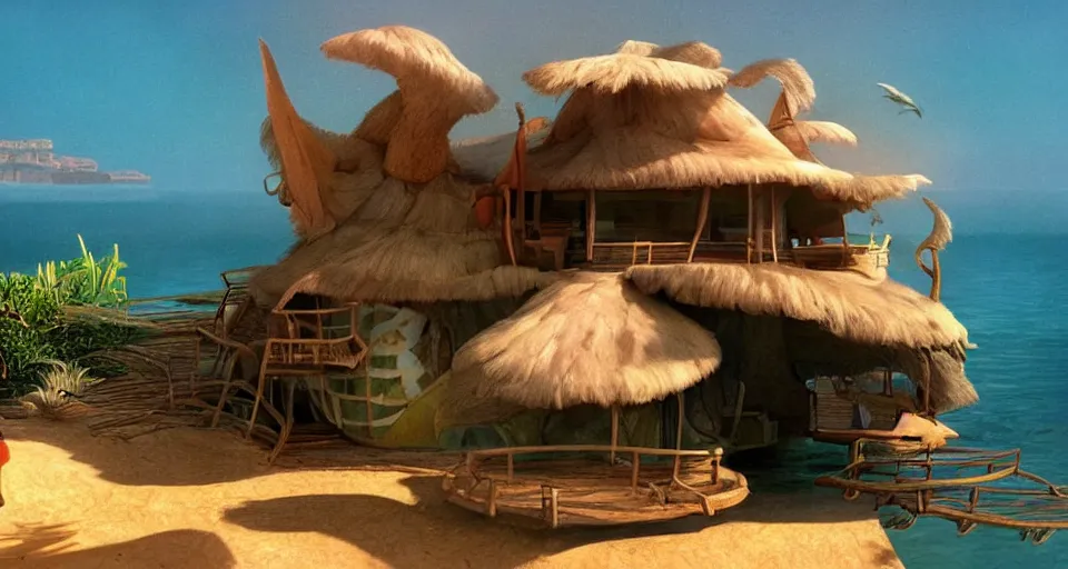 Prompt: environment art, seashell house where a hermit girl lives, atmospheric cinematography by syd mead and emmanuel lubezki