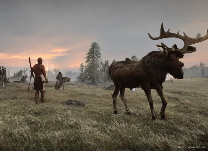 Prompt: a viking guiding a moose through an abandoned viking village, burnt huts, bodies on the ground, dramatic dramatic lighting, dawn, by caspar david friedrich, unreal engine 5