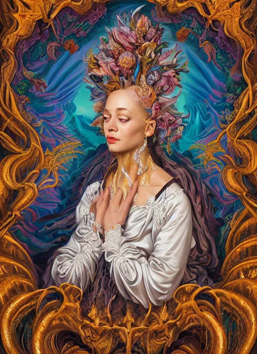 Prompt: beautiful oil painting, full length portrait of dauphinois in rococo coronation robes 1701, Dan Mumford, Dan Mumford, Alex grey, highly detailed , lsd visuals, dmt fractal patterns, hallucinogen, visionary art, psychedelic art, ornate, vaporwave, baroque, Greg rutkowski