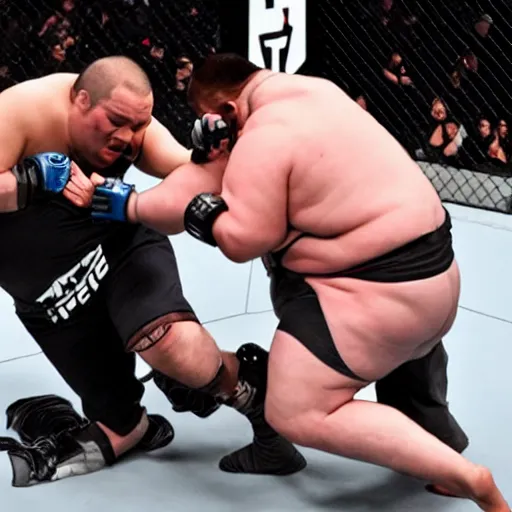 Image similar to robocop sumo wrestler getting body slammed in the ufc octagon