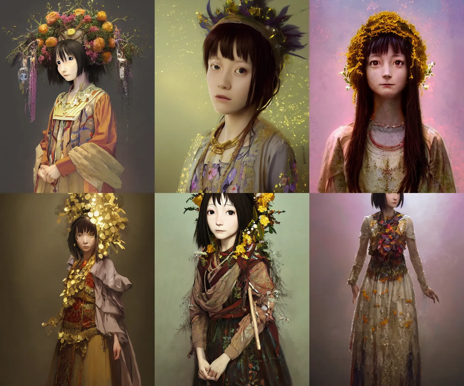 Prompt: studio photo portrait of Lain Iwakura from Serial Experiments Lain wearing floral garlands over her traditional dress. full height portrait of Lain as a slavic pagan priestess wearing traditional pagan dress adorned with golden tiara, concept art by Greg Rutkowski and James Gurney and Ross Tran, ultrarealistic octane render, 8k, rtx on, trending on ArtStation