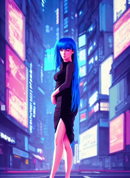 Image similar to hyper realistic photograph portrait of cyberpunk pretty girl with blue hair, wearing a tight black dress, in city street at night, by makoto shinkai, ilya kuvshinov, lois van baarle, rossdraws, basquiat