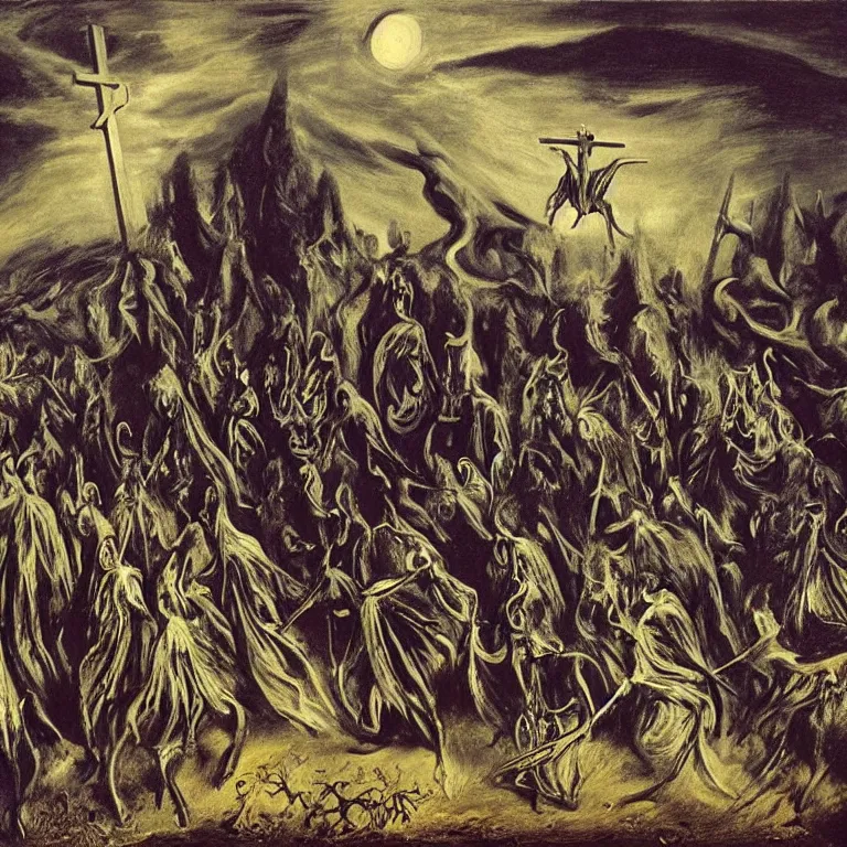 Prompt: A Holy Week procession of grim reapers in a lush Spanish landscape at night. A hooded figure at the front holds a cross. El Greco, Remedios Varo, Salvador Dalí, Zdzisław Beksiński.