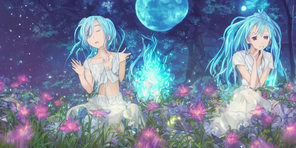 Image similar to anime key visual of a pretty girl with blue flowing hair, wearing a short skirt and a crop top, meditating in a magical fantasy garden at night, moonlight, fireflies glowing, lofi feel, magical, highly detailed, digital art, artstation, smooth, hard focus, illustration, art by artgerm - in the style of final fantasy and studio ghibli
