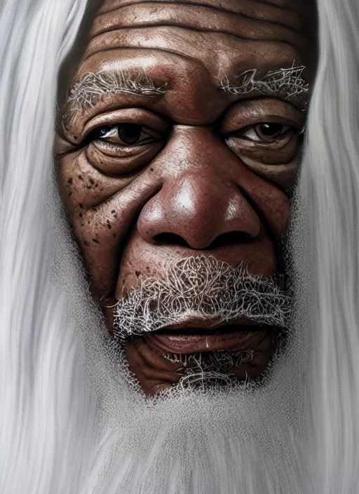 Image similar to portrait of morgan freeman as evil saurman the white, long white hair and white beard, long white robes, by alan lee, lord of the rings, smooth, oil painting, matte painting, concept art, trending on artstation, promotional artwork, film still, elegant, photorealistic facial features, intricate, detailed face, cinematic lighting