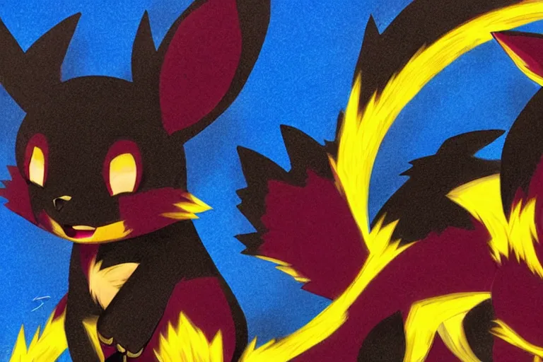 Image similar to zorua the black and maroon colored fox - like pokemon, pikachu the black and yellow electric mouse pokemon, two pokemon playing together, super detailed, clean lines, digital art